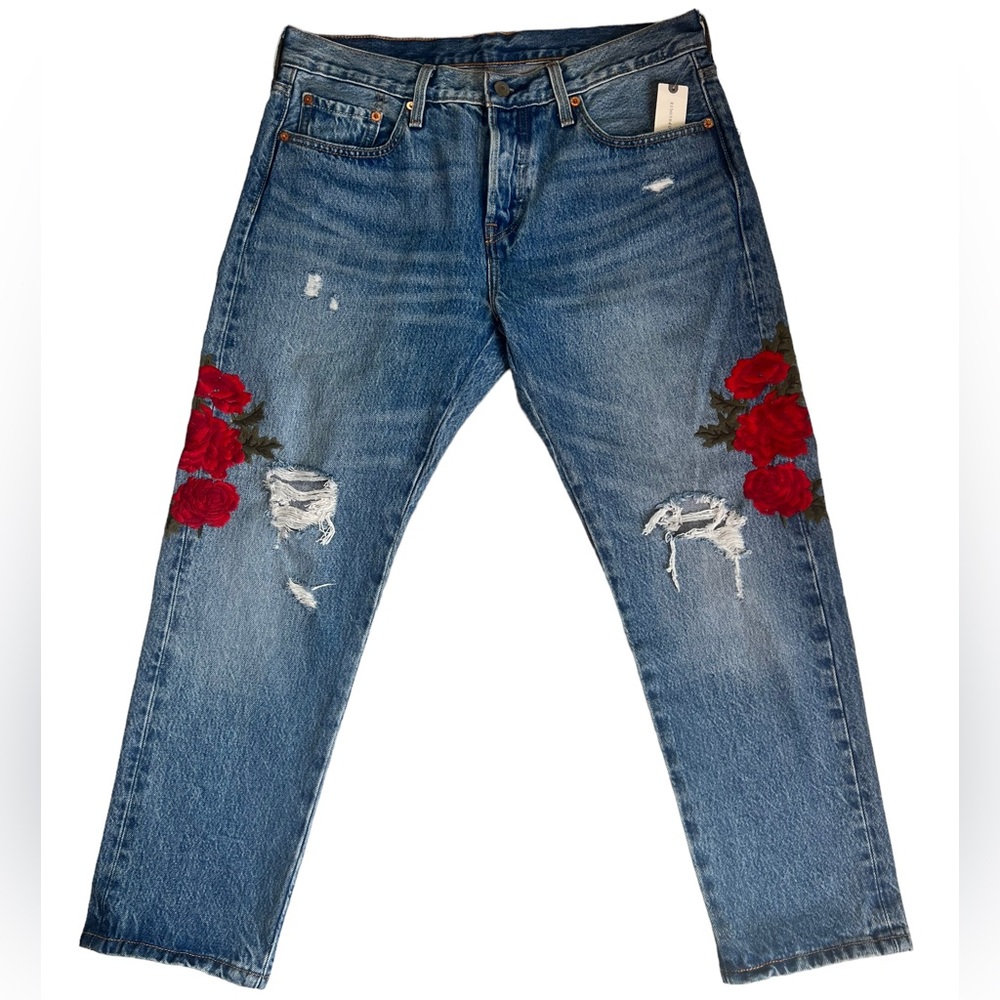 NWT Levi's 501 Taper Distressed Cropped Jeans 29" Floral Embroidery Button Fly